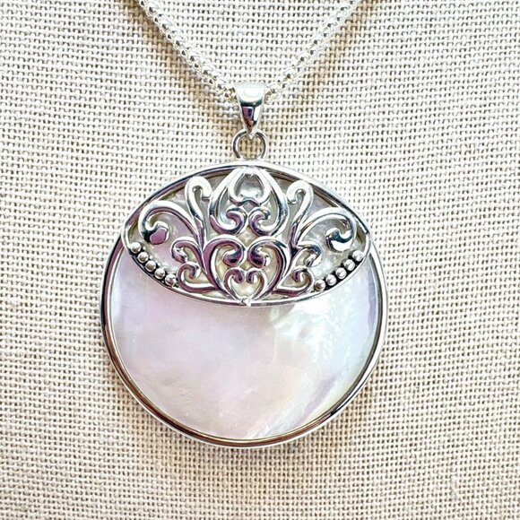 Sterling Silver 925 Mother of Pearl Scroll Pendant Necklace Size 23.5" Length - Picture 1 of 16